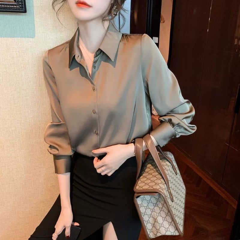 Women Silk Shirt 2025 New Vintage Fashion Solid Button Up Long Sleeves Blouse Tops Female Summer Casual Loose Office Lady Shirts