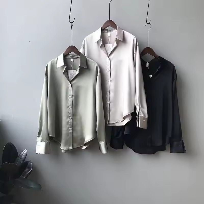 Women Silk Shirt 2025 New Vintage Fashion Solid Button Up Long Sleeves Blouse Tops Female Summer Casual Loose Office Lady Shirts