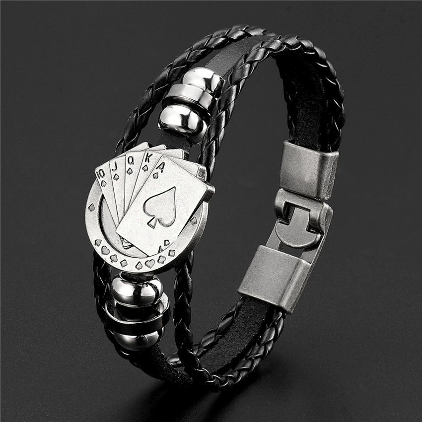 Vintage Multi-layer Leather Woven Poker Bracelet Charming Men's Bracelet New Fashion Hip-hop Punk Accessories Jewelry Wholesale