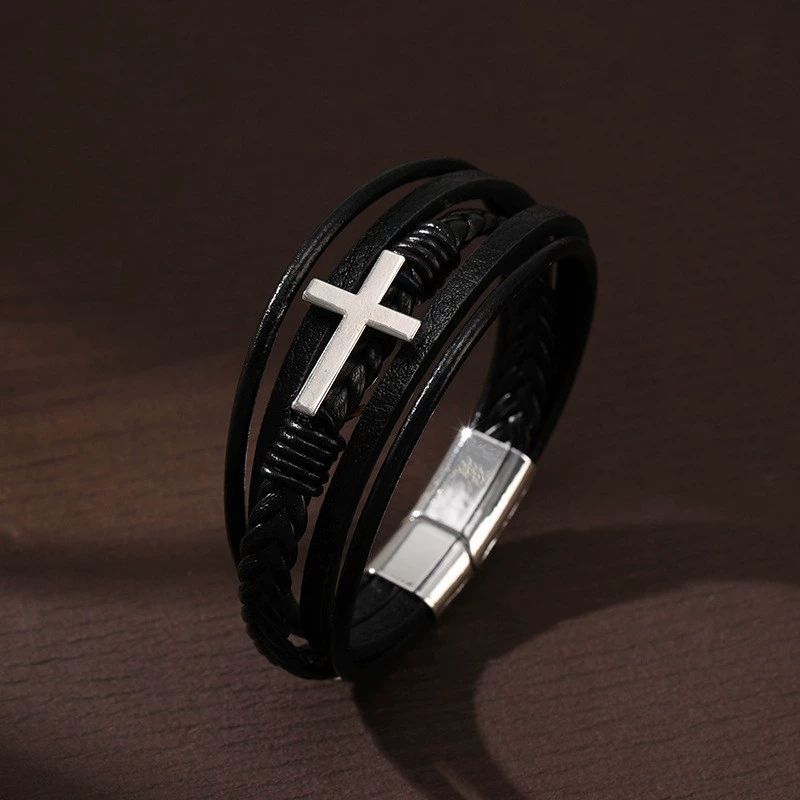 Fashion Religious Christianity Cross Bangles with Charms Chakra Men Classic Punk Leather Bracelet Male Braided Multilayer Bracel