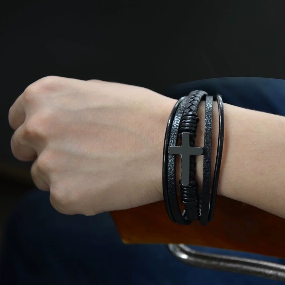 Fashion Religious Christianity Cross Bangles with Charms Chakra Men Classic Punk Leather Bracelet Male Braided Multilayer Bracel