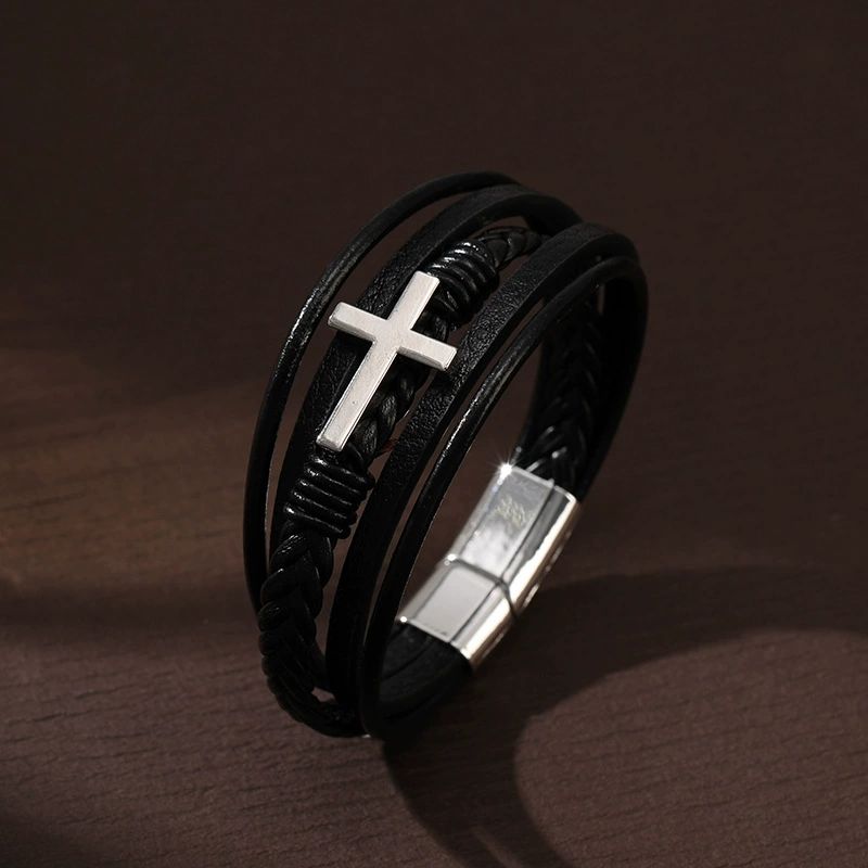 Fashion Religious Christianity Cross Bangles with Charms Chakra Men Classic Punk Leather Bracelet Male Braided Multilayer Bracel