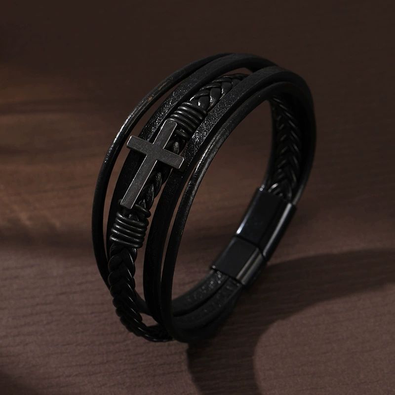 Fashion Religious Christianity Cross Bangles with Charms Chakra Men Classic Punk Leather Bracelet Male Braided Multilayer Bracel