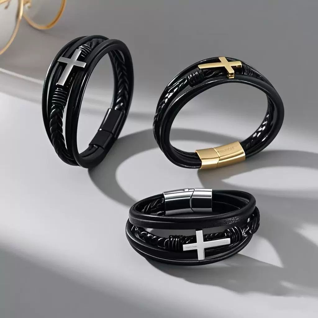 Fashion Religious Christianity Cross Bangles with Charms Chakra Men Classic Punk Leather Bracelet Male Braided Multilayer Bracel