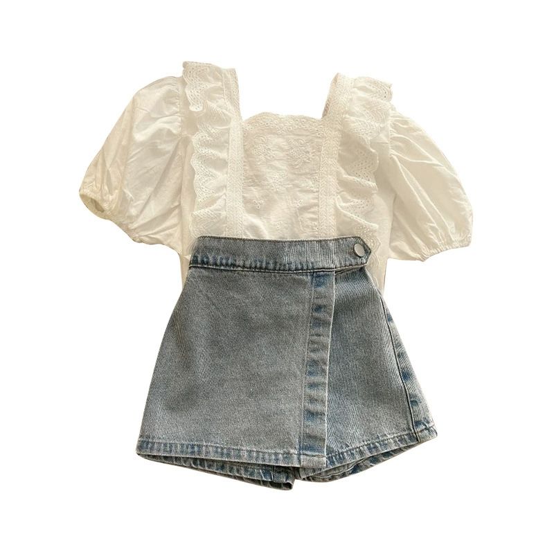 Girls' Summer Set Lace Shirt Cowboy Shorts Girls' Two Piece Set Girls' Clothing Set Korean New Version