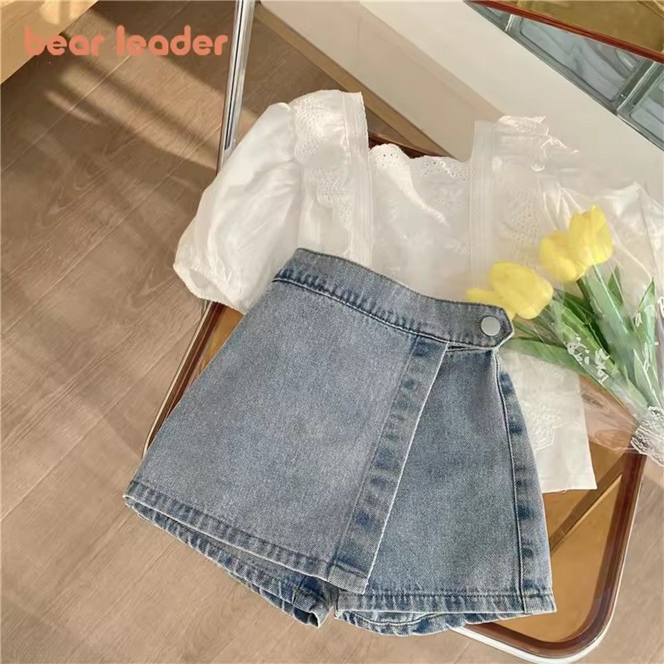 Girls' Summer Set Lace Shirt Cowboy Shorts Girls' Two Piece Set Girls' Clothing Set Korean New Version