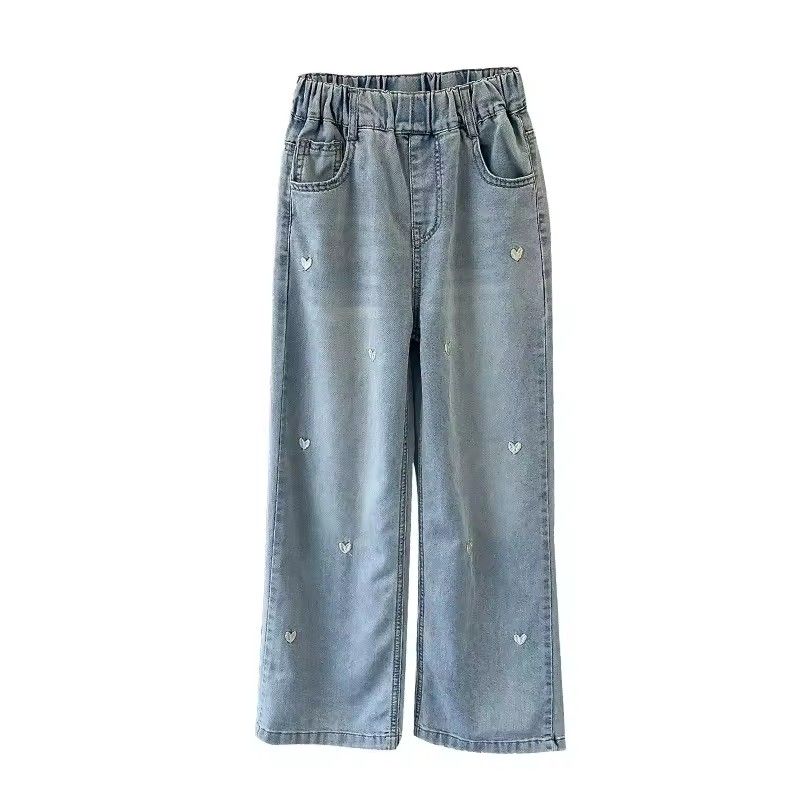 Summer girls' fashionable loose solid color love jeans casual pants wide leg pants 2025