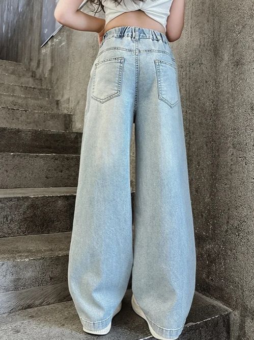 Summer girls' fashionable loose solid color love jeans casual pants wide leg pants 2025