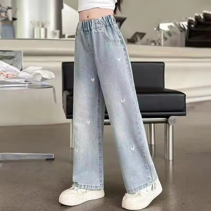 Summer girls' fashionable loose solid color love jeans casual pants wide leg pants 2025