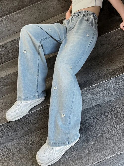 Summer girls' fashionable loose solid color love jeans casual pants wide leg pants 2025