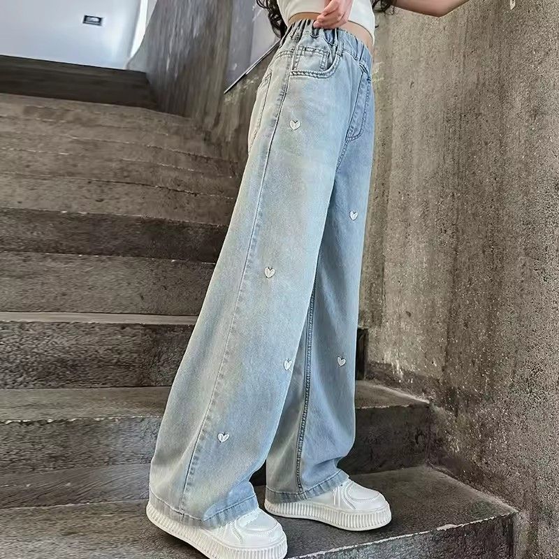 Summer girls' fashionable loose solid color love jeans casual pants wide leg pants 2025