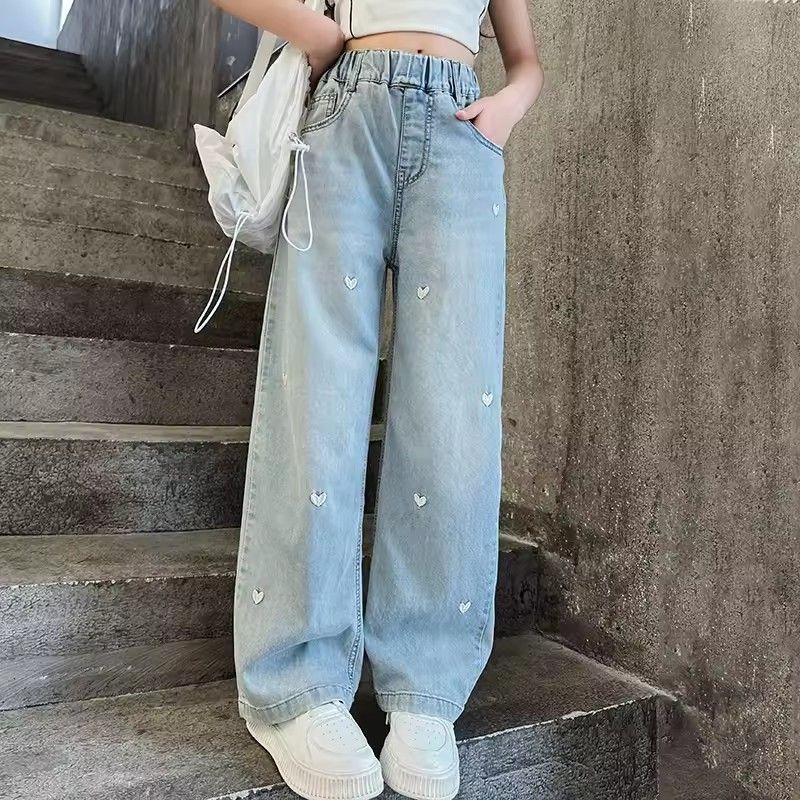 Summer girls' fashionable loose solid color love jeans casual pants wide leg pants 2025
