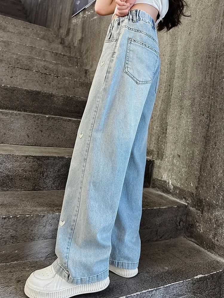 Summer girls' fashionable loose solid color love jeans casual pants wide leg pants 2025