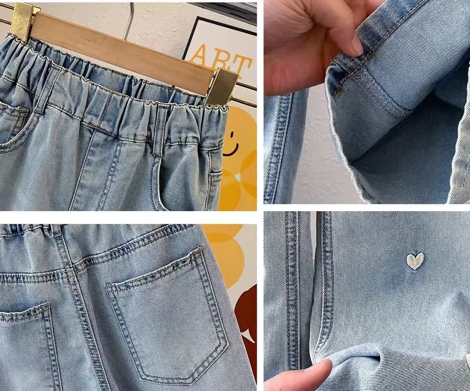 Summer girls' fashionable loose solid color love jeans casual pants wide leg pants 2025