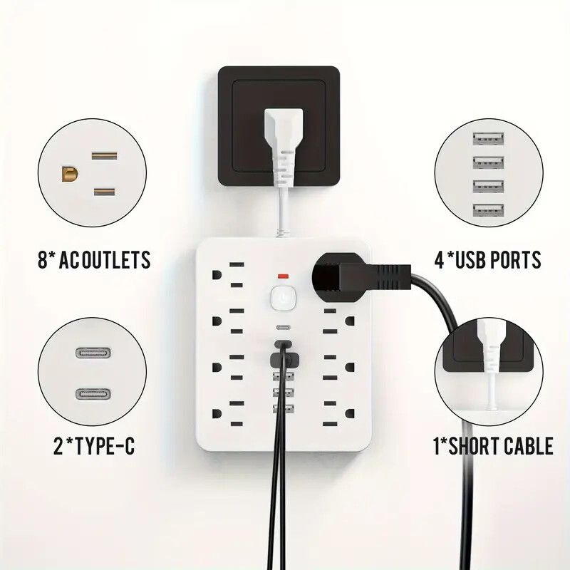 14-in-1 US Power Outlet, Power Outlet Surge Protector, 8 AC Outlets, 4 USB 2 Type-C, Desktop Receptacle with Overload Protection