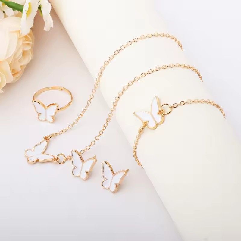 4pcs Butterfly Jewelry Set Bracelet Ring Necklace Earrings Women's Wedding Banquet Dress Accessories Set A-2057