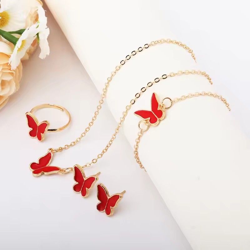 4pcs Butterfly Jewelry Set Bracelet Ring Necklace Earrings Women's Wedding Banquet Dress Accessories Set A-2057