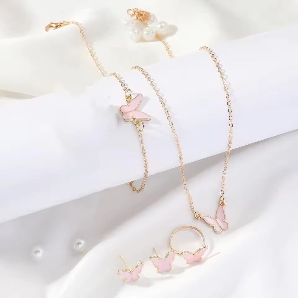 4pcs Butterfly Jewelry Set Bracelet Ring Necklace Earrings Women's Wedding Banquet Dress Accessories Set A-2057