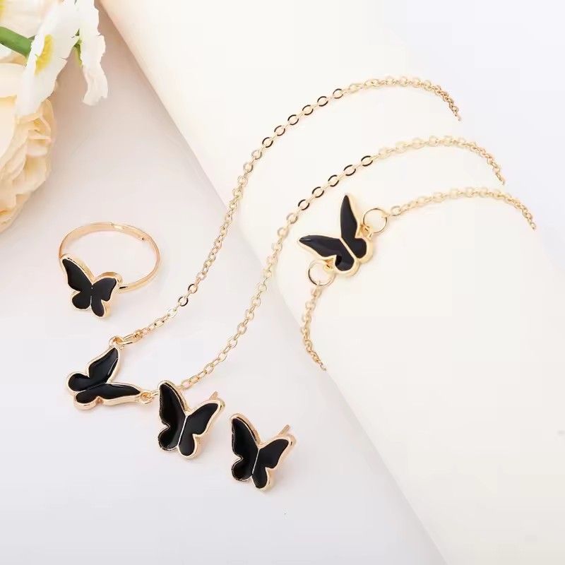 4pcs Butterfly Jewelry Set Bracelet Ring Necklace Earrings Women's Wedding Banquet Dress Accessories Set A-2057