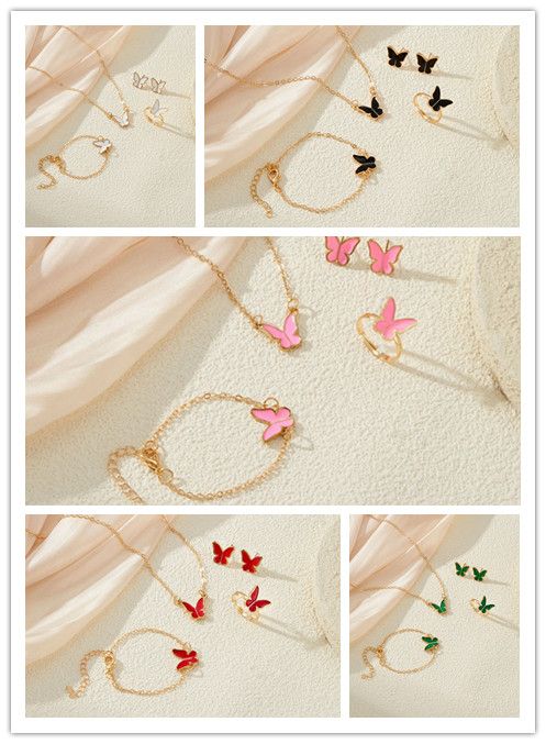 4pcs Butterfly Jewelry Set Bracelet Ring Necklace Earrings Women's Wedding Banquet Dress Accessories Set A-2057