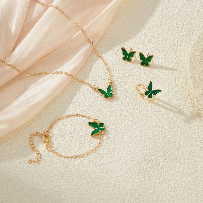 4pcs Butterfly Jewelry Set Bracelet Ring Necklace Earrings Women's Wedding Banquet Dress Accessories Set A-2057