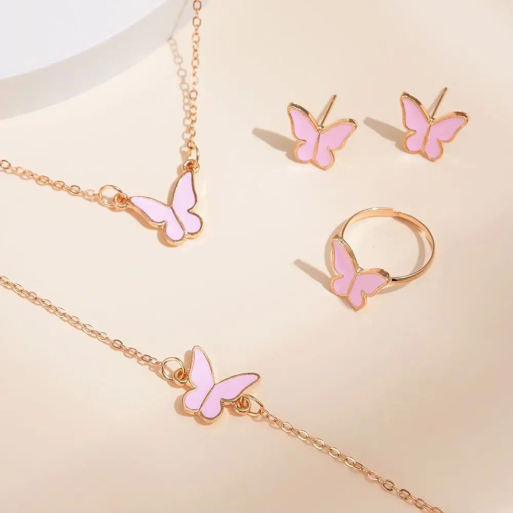 4pcs Butterfly Jewelry Set Bracelet Ring Necklace Earrings Women's Wedding Banquet Dress Accessories Set A-2057