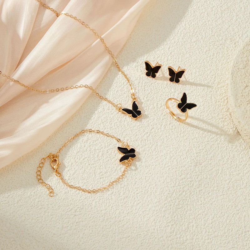 4pcs Butterfly Jewelry Set Bracelet Ring Necklace Earrings Women's Wedding Banquet Dress Accessories Set A-2057