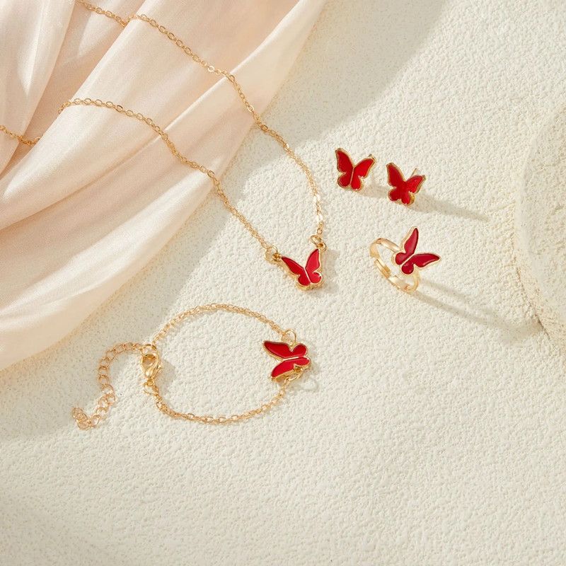 4pcs Butterfly Jewelry Set Bracelet Ring Necklace Earrings Women's Wedding Banquet Dress Accessories Set A-2057