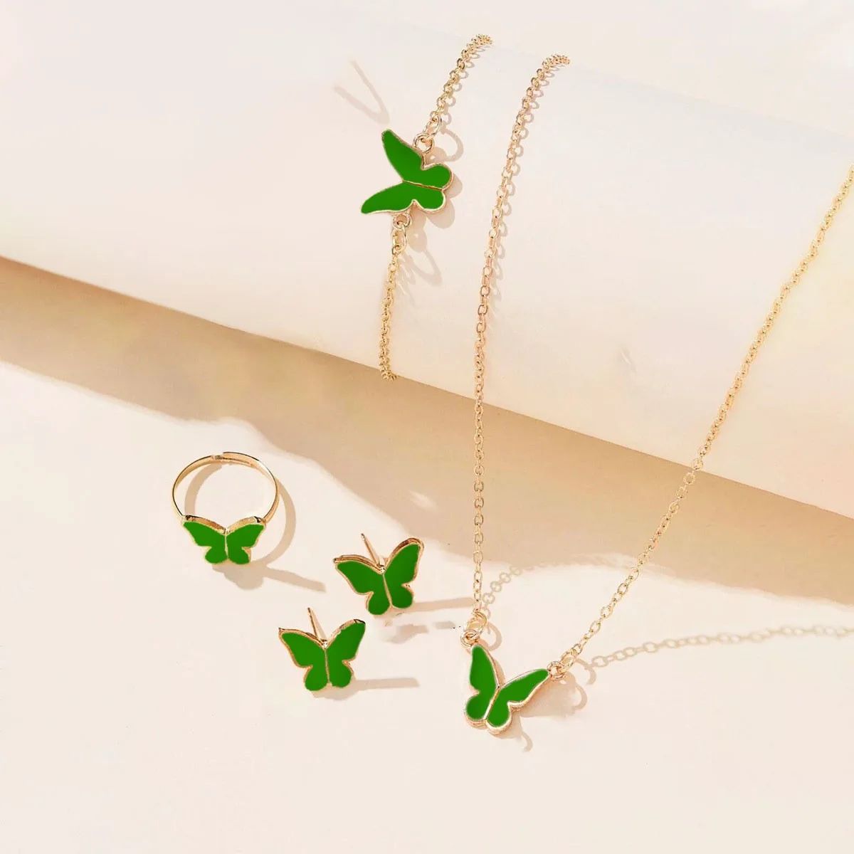 4pcs Butterfly Jewelry Set Bracelet Ring Necklace Earrings Women's Wedding Banquet Dress Accessories Set A-2057