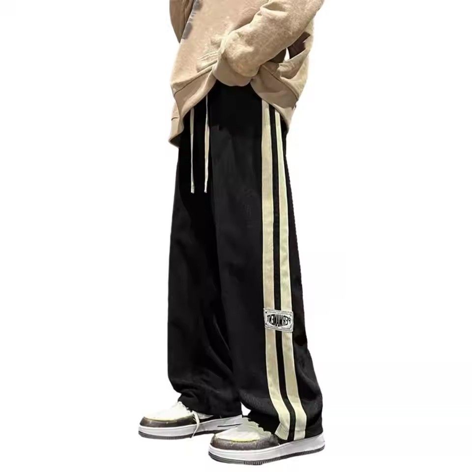 Men's casual pants with retro striped sportswear, elastic waistband, wide legs, comfortable and soft, casual street style