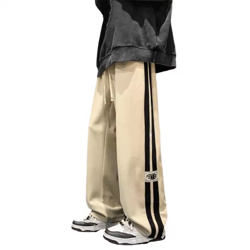 Men's casual pants with retro striped sportswear, elastic waistband, wide legs, comfortable and soft, casual street style