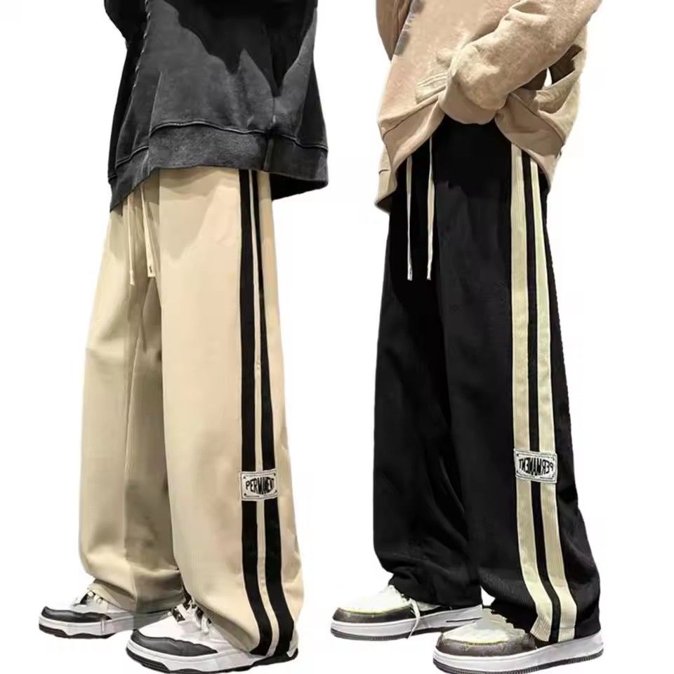 Men's casual pants with retro striped sportswear, elastic waistband, wide legs, comfortable and soft, casual street style