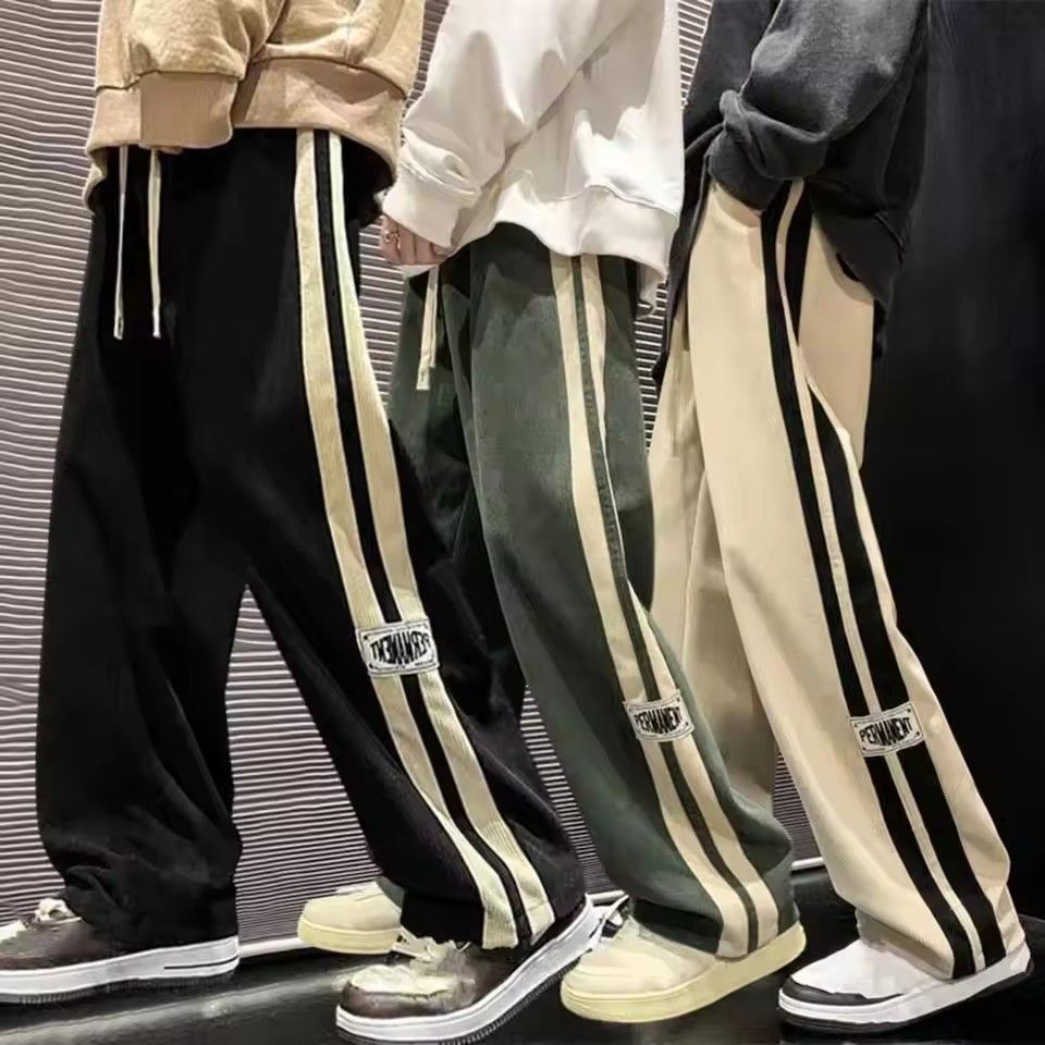 Men's casual pants with retro striped sportswear, elastic waistband, wide legs, comfortable and soft, casual street style