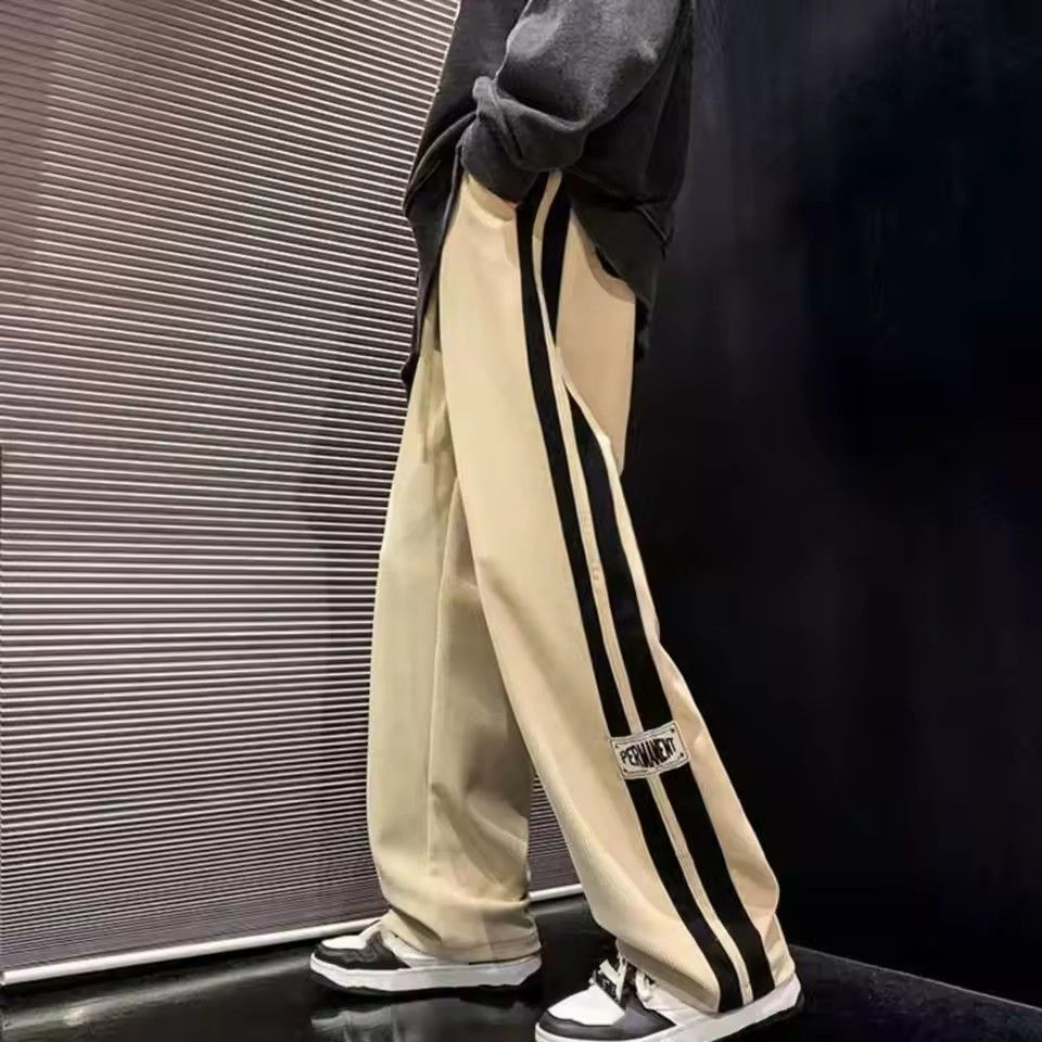 Men's casual pants with retro striped sportswear, elastic waistband, wide legs, comfortable and soft, casual street style