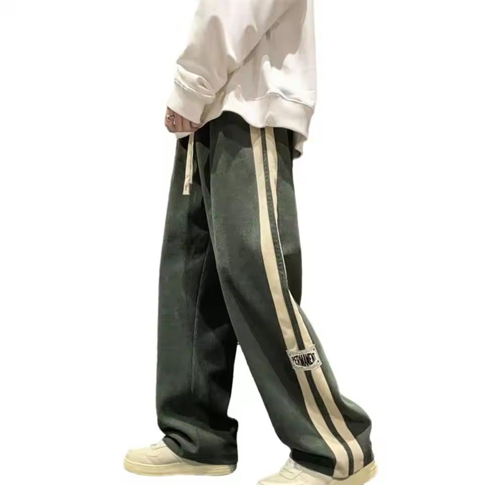Men's casual pants with retro striped sportswear, elastic waistband, wide legs, comfortable and soft, casual street style