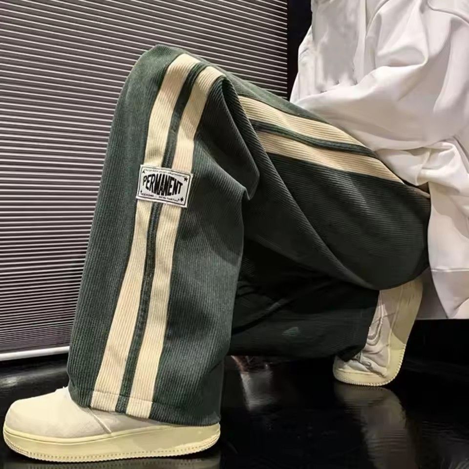 Men's casual pants with retro striped sportswear, elastic waistband, wide legs, comfortable and soft, casual street style