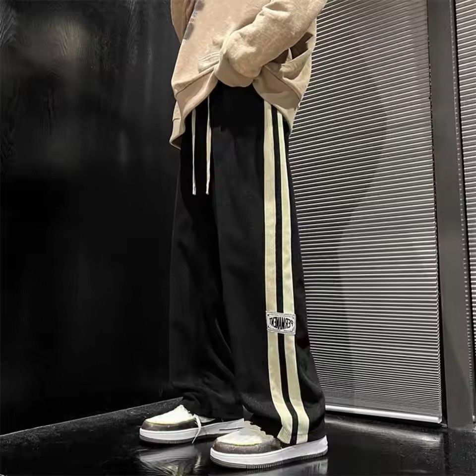Men's casual pants with retro striped sportswear, elastic waistband, wide legs, comfortable and soft, casual street style