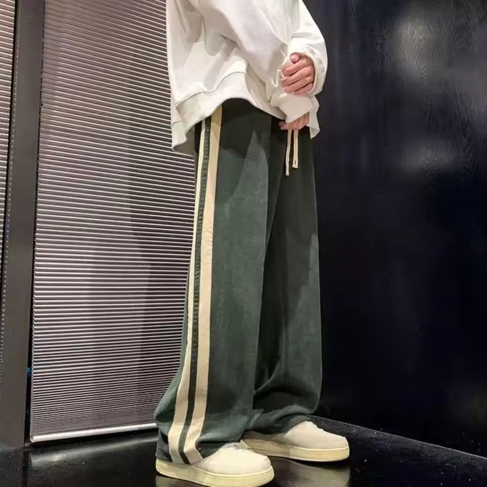 Men's casual pants with retro striped sportswear, elastic waistband, wide legs, comfortable and soft, casual street style