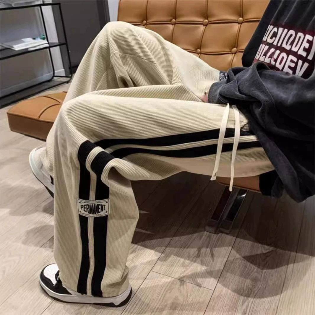 Men's casual pants with retro striped sportswear, elastic waistband, wide legs, comfortable and soft, casual street style