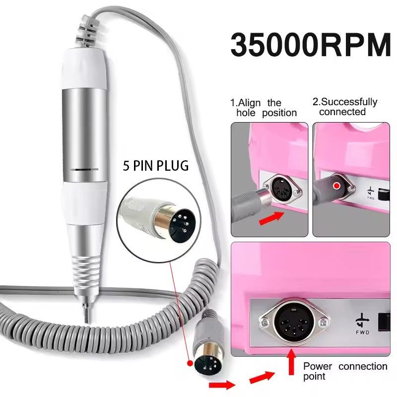 350000 RPM 5-pin plug electric nail drill handle machine for hand nail trimming, pen replacement, nail trimming tool