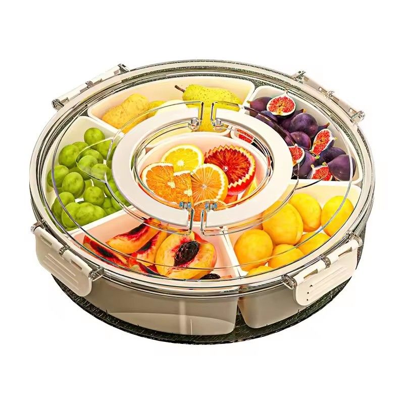 Snack Rotating Tray With lid and Handle, Multi Compartment Fruit and Vegetable Tray, Durable Box for Storing Holiday Snacks
