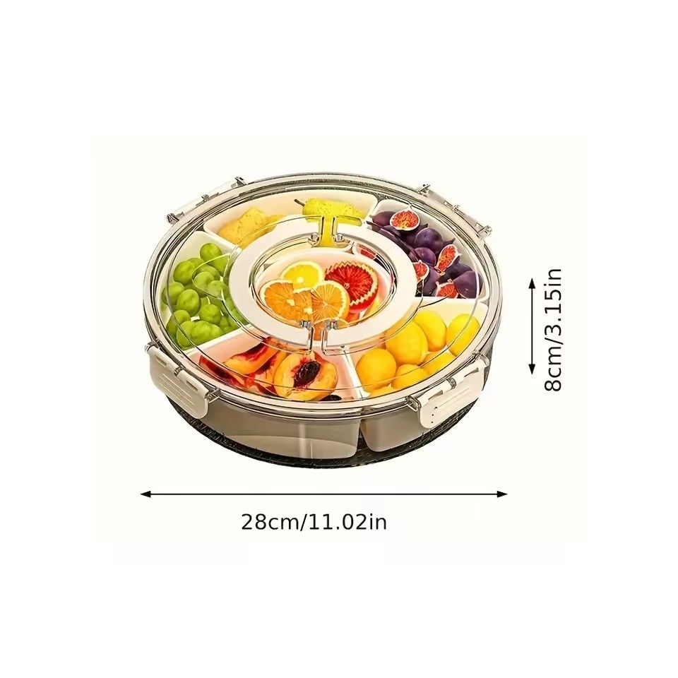 Snack Rotating Tray With lid and Handle, Multi Compartment Fruit and Vegetable Tray, Durable Box for Storing Holiday Snacks