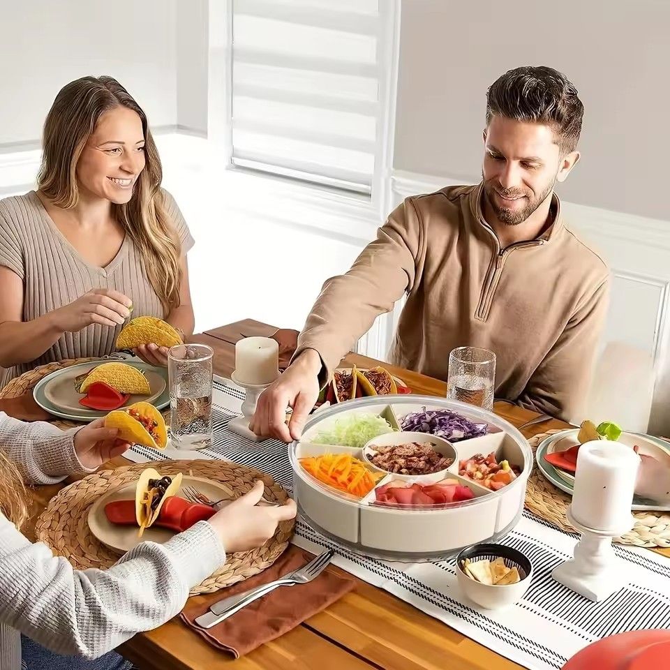 Snack Rotating Tray With lid and Handle, Multi Compartment Fruit and Vegetable Tray, Durable Box for Storing Holiday Snacks