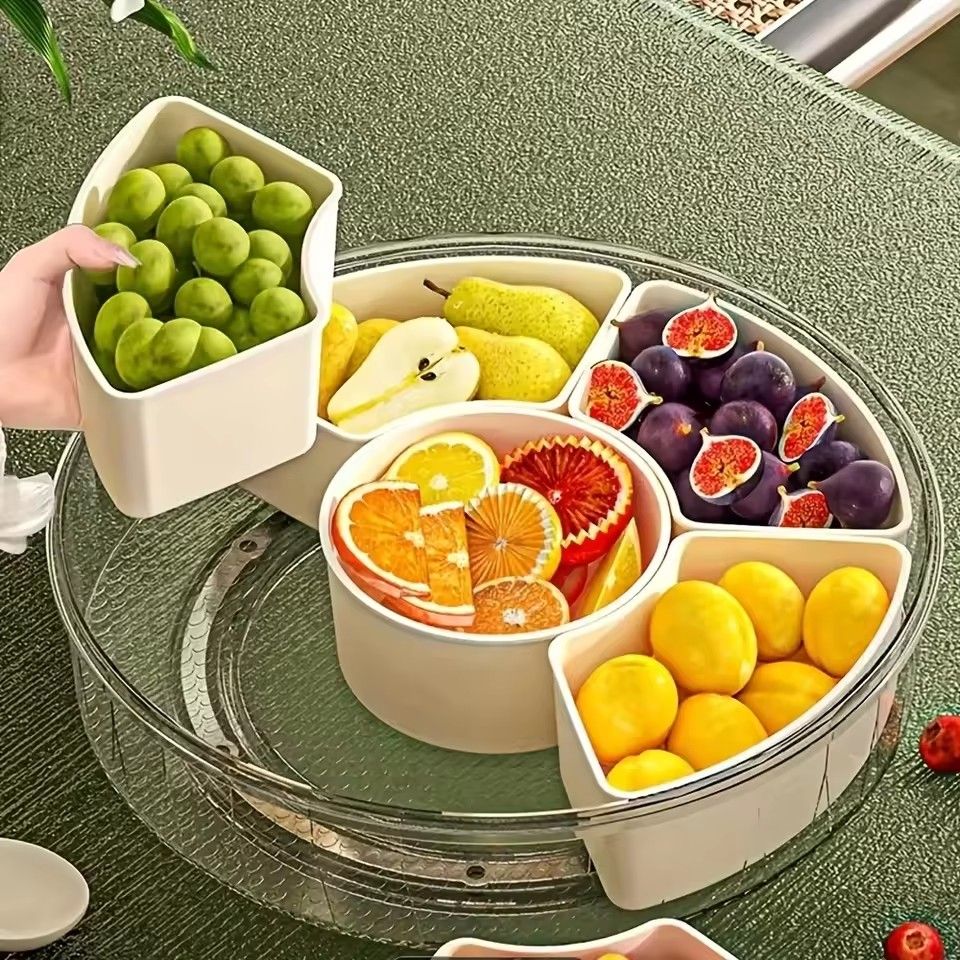 Snack Rotating Tray With lid and Handle, Multi Compartment Fruit and Vegetable Tray, Durable Box for Storing Holiday Snacks