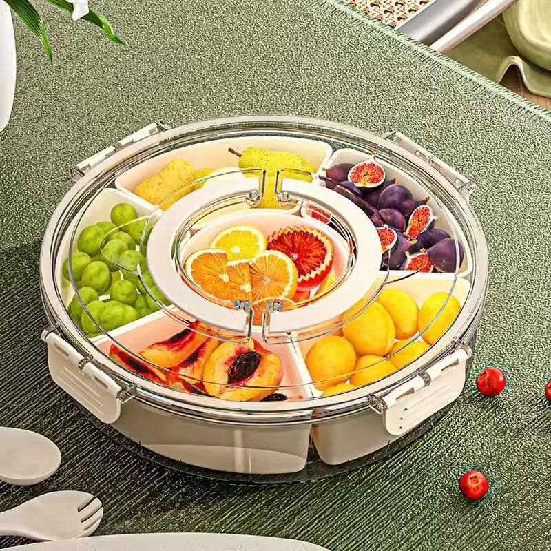 Snack Rotating Tray With lid and Handle, Multi Compartment Fruit and Vegetable Tray, Durable Box for Storing Holiday Snacks