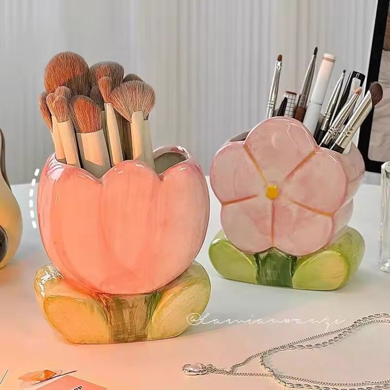 Ceramic Pen Jar, Flower Shaped Pencil Holder, Makeup Brush Organizer, Multipurpose Desk Ornament, Creative Pen Pot, New