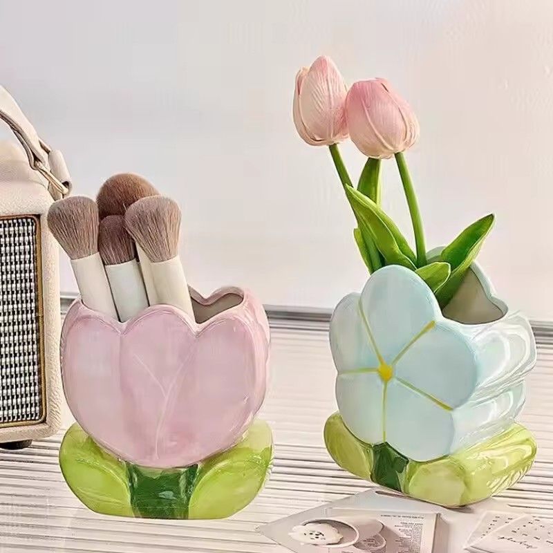 Ceramic Pen Jar, Flower Shaped Pencil Holder, Makeup Brush Organizer, Multipurpose Desk Ornament, Creative Pen Pot, New