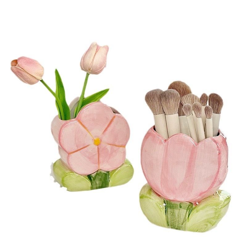 Ceramic Pen Jar, Flower Shaped Pencil Holder, Makeup Brush Organizer, Multipurpose Desk Ornament, Creative Pen Pot, New