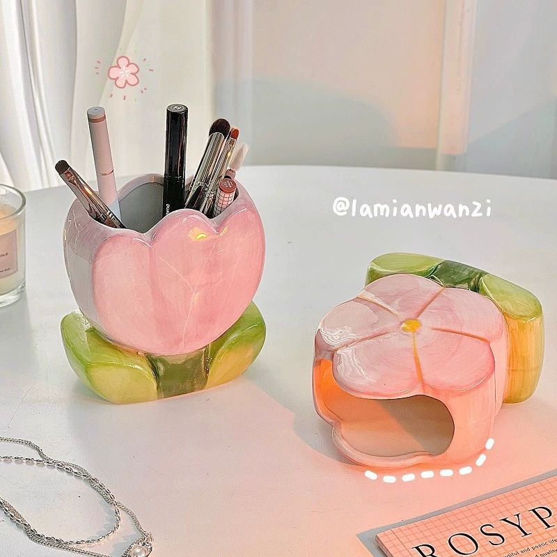 Ceramic Pen Jar, Flower Shaped Pencil Holder, Makeup Brush Organizer, Multipurpose Desk Ornament, Creative Pen Pot, New