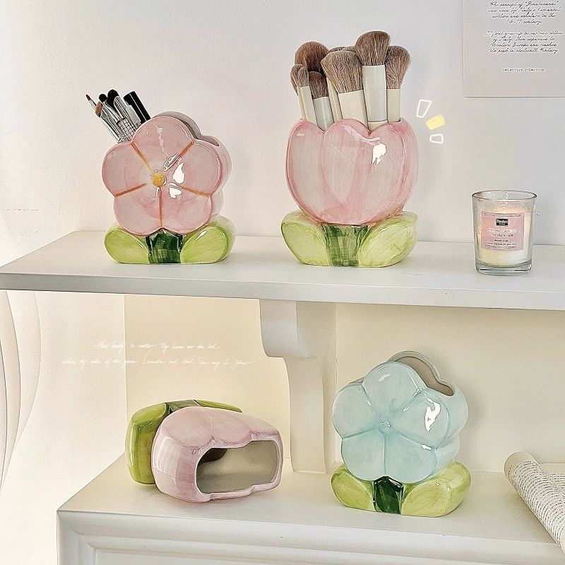 Ceramic Pen Jar, Flower Shaped Pencil Holder, Makeup Brush Organizer, Multipurpose Desk Ornament, Creative Pen Pot, New